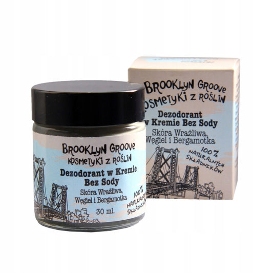 BROOKLYN GROOVE Soda-Free Deodorant Cream | Charcoal and Bergamot | 30ml