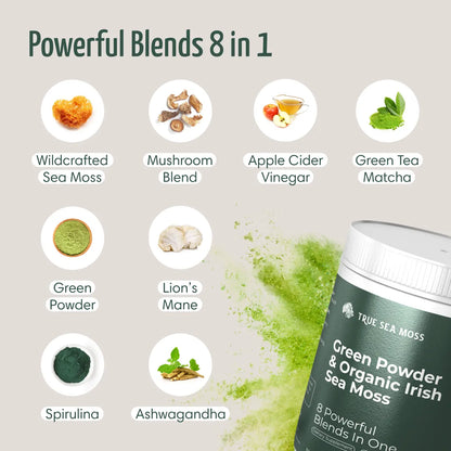TRUE SEA MOSS Green Powder & Sea Moss 8 in 1 Powerful Blend | 30 servings